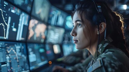 Women and men military officers collaborate in government surveillance agency control center. Concept Government Surveillance, Military Officers, Control Center, Collaboration, National Security