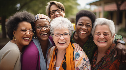 Multigenerational Women Smiling in Outdoor Setting. Endearing snapshot of multigenerational women with beaming smiles, embracing each other in an outdoor, community-like atmosphere.