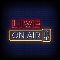 live on air neon Sign on brick wall background 