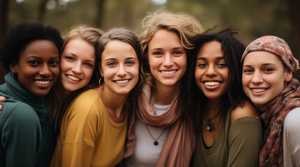 Close Friends Smiling in a Forest Setting. Close-knit group of young women share genuine smiles, showcasing their diverse beauty and friendship in a serene forest backdrop.