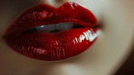 The glossy sheen of justbitten lips capturing the intensity of desire. . - obrazy, fototapety, plakaty
