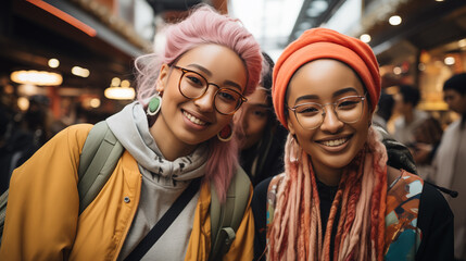 Fototapeta premium Trendy Friends Smiling in Urban Marketplace. Two fashionable young friends with vibrant hairstyles smile brightly, bringing a trendy vibe to the bustling urban market around them.