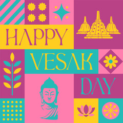 Happy Vesak Day Buddhist seamless pattern in scandinavian style postcard with Retro clean concept design