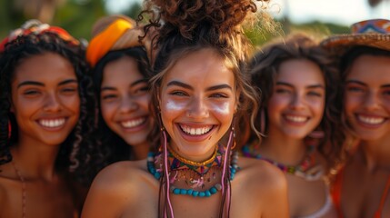 Fototapeta premium Close Friends Sharing Vibrant Smiles at Sunset. Friends gather to share vibrant smiles as the golden sunset light envelops them, highlighting their joyful encounter.