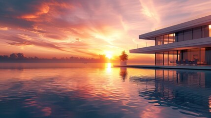 Create a captivating scene featuring a contemporary house with water reflections against the backdrop of a beautiful sunset.
