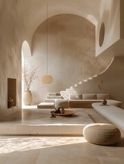 Modern Minimalist Living Room Interior with Arched Doorways and Sunlight