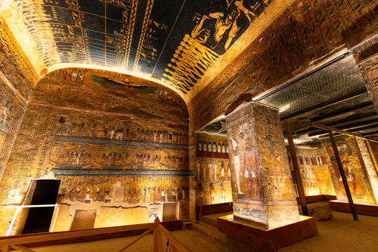 Luxor, Egypt - November 25 2023: Interior view of the funeral chamber of famous Seti the first tomb with representations of stars and constellations in the valley of Kings in Luxor in Egypt.