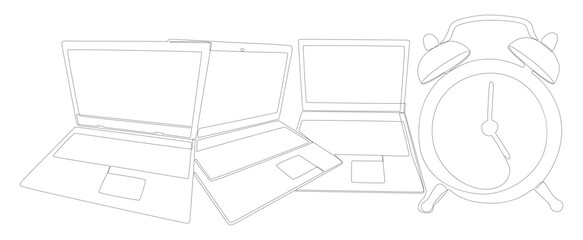 One continuous line of Laptop with Alarm Clock. Thin Line Illustration vector concept. Contour Drawing Creative ideas.