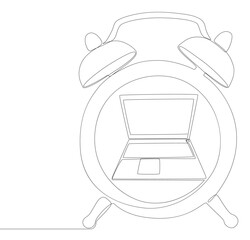 One continuous line of Laptop with Alarm Clock. Thin Line Illustration vector concept. Contour Drawing Creative ideas.
