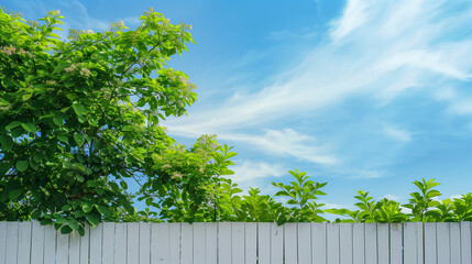 A white picket fence with green leaves on it. The sky is blue and clear. The fence is in front of a tree