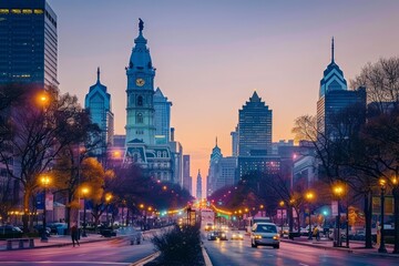 Obraz premium A city skyline at dusk, with the silhouettes of vintage skyscrapers against a colorful sky filled with fluffy clouds, Generative AI