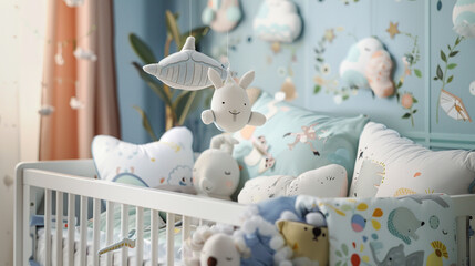 A baby's crib adorned with soft plush toys and a mobile featuring dangling animals creating a cozy and stimulating environment for rest and play in a nursery.