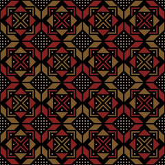 carpet sample. aztec motifs. vector seamless pattern. black repetitive background. maroon, gold, silver geometric shapes. fabric swatch. wrapping paper. design template for textile, home decor, linen