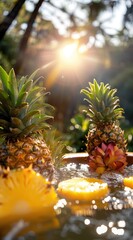 Food photography, sliced pineapples in water, fresh and bright flowers, with ample sunlight in the background. illustration made with Generative Ai