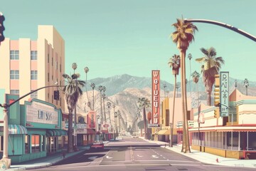 A retro-inspired cityscape with pastel-colored buildings, palm trees, and vintage billboards lining...