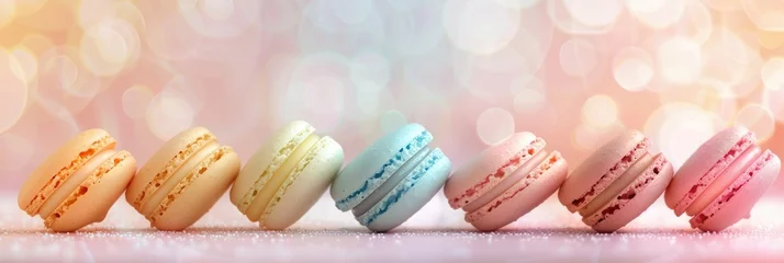 Foto op Canvas Sparkling bokeh effect behind macarons - Delightful image of macarons placed before a shimmering, festive bokeh effect background © Tida