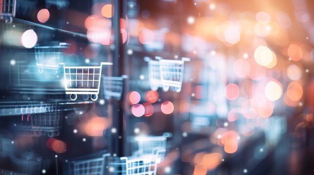 A blurred backdrop of Ecommerce Abstract filled with an array of tered symbols such as shopping carts credit cards and mobile devices. The defocused effect adds a touch of dreamy abstraction .