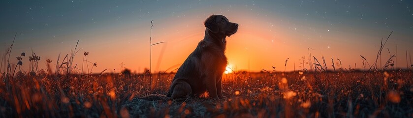A dog is sitting in a field of tall grass at sunset.