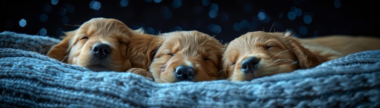 Three cute golden retriever puppies sleeping on a blue blanket