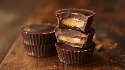 Peanut butter cups stack with a bite taken - Inviting stack of chocolate peanut butter cups with one having a bite taken out