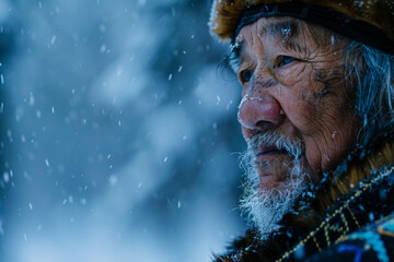 Elderly Ainu man, traditional attire with embroidery, standing in snow, dim twilight, wide-angle view"