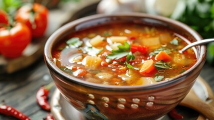 Hearty vegetable soup in a ceramic bowl with herbs - Savory vegetable soup with fresh herbs served in a rustic ceramic bowl, perfect for a nutritious meal