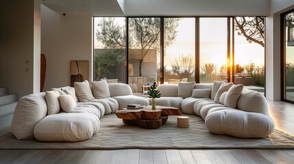 Modern Living Room with Large Sectional Sofa and Sunset View