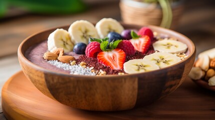 Close-up of a vegan smoothie bowl, vibrant with fruits and nuts, served in a wooden bowl with a bamboo spoon, on a cafe table.