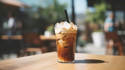 Iced coffee, close-up, with coffee ice cubes and a splash of almond milk, in a tall glass, on a sunny outdoor table. 