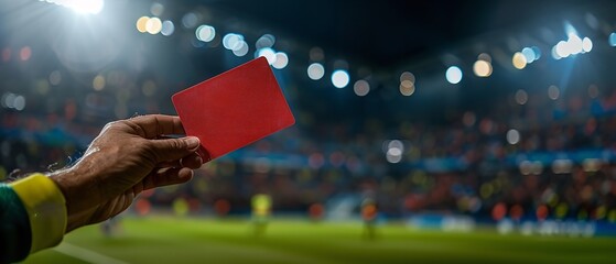 A photograph depicting a guy referee brandishing a red card over a backdrop of a football stadium sporting multiple lights on and space, Generative AI. - obrazy, fototapety, plakaty