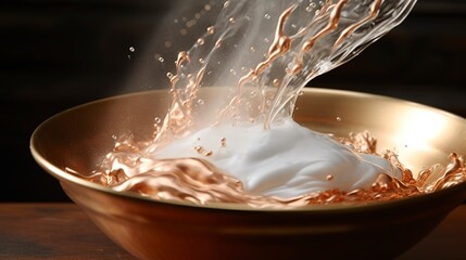 Close-up of a copper bowl being used to whip egg whites, showcasing the shine of the bowl and the frothy peaks forming. 
