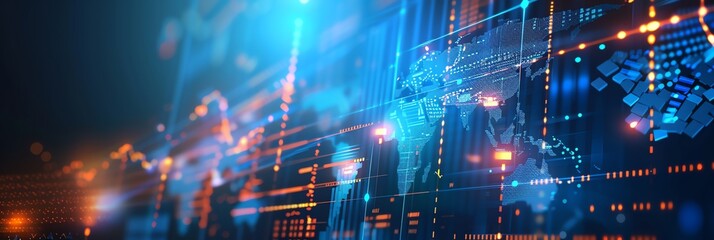 Obraz premium the background and highlights multicurrency credit platform is transforming global financial governance and mitigating FX, blue colors, aspect ratio 3:1