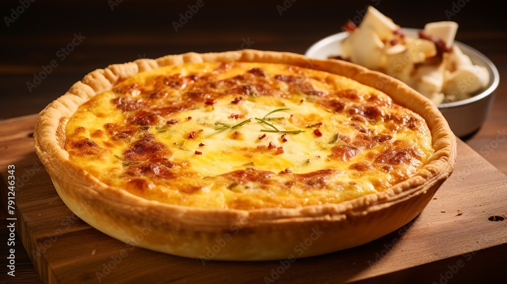 Poster Close-up of a freshly baked quiche Lorraine, with a focus on the golden custard filling and crisp pastry crust, on a wooden surface. 