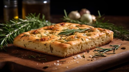 Focaccia with rosemary and sea salt, close-up, showcasing the dimpled surface and aromatic herbs, on a rustic stone countertop. 