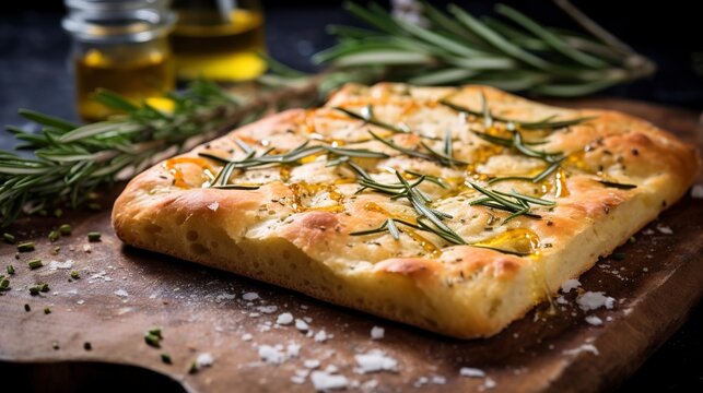 Focaccia with rosemary and sea salt, close-up, showcasing the dimpled surface and aromatic herbs, on a rustic stone countertop. 