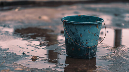 Naklejka premium A striking image illustrating the contrast of a rusty bucket on the glossy wet surface of an urban setting at dusk
