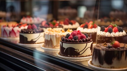 Close-up of a refrigerated showcase filled with decadent cheesecakes and tortes, each elegantly decorated, in a high-end bakery.  - obrazy, fototapety, plakaty