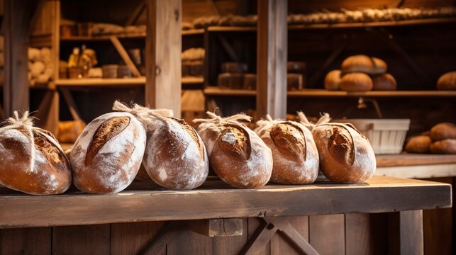 Artisan breads showcased on wooden shelves, close-up, with each loaf having a descriptive label, in a rustic bakery setting.