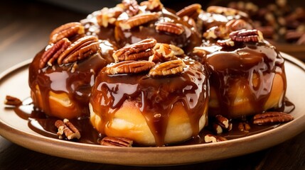 Sticky buns covered in caramel and pecans, close-up, showcasing the gooey topping, on a glazed ceramic plate. 
