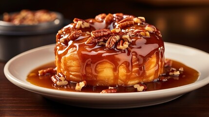 Sticky buns covered in caramel and pecans, close-up, showcasing the gooey topping, on a glazed ceramic plate. - obrazy, fototapety, plakaty