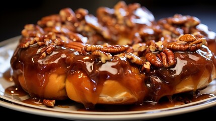 Sticky buns covered in caramel and pecans, close-up, showcasing the gooey topping, on a glazed ceramic plate.  - obrazy, fototapety, plakaty