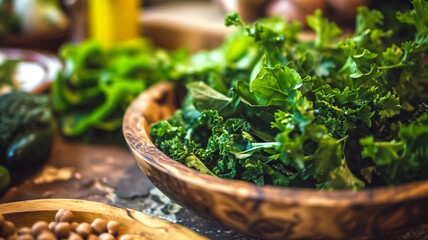 Fresh kale in a wooden bowl on a kitchen counter. Healthy eating and vegetarian cuisine concept. Design for cookbooks, food blogs, and nutritional guides. 