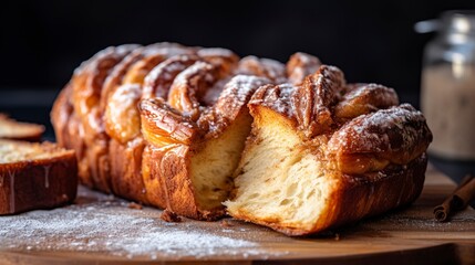 Close-up of a pull-apart bread with cinnamon sugar, highlighting the soft, tearable layers, on a warm kitchen counter. 