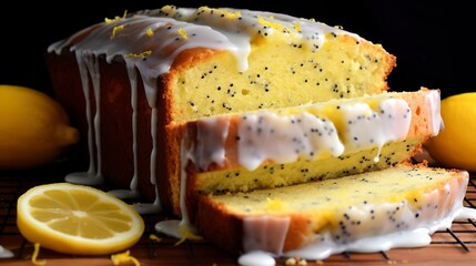 Lemon and poppy seed bread with a zesty glaze, close-up, capturing the bright flavors and moist texture, on a cooling rack. 