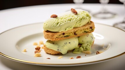 Close-up of a biscotti and gelato sandwich, with pistachio gelato, on an antique dessert plate, capturing the crunch of the biscotti. 