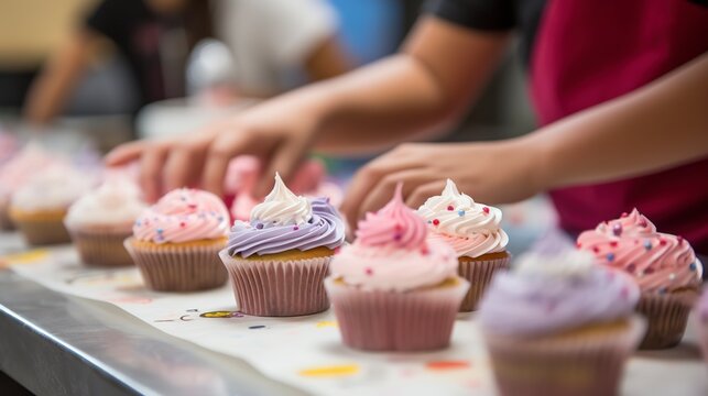 Students decorating cupcakes with various icing tips, close-up, showcasing the concentration and creativity, on a kitchen counter. 