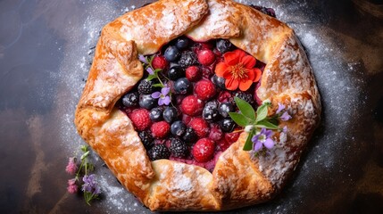 A rustic galette with seasonal berries, close-up, with the edges folded over the colorful filling, on a stone countertop.