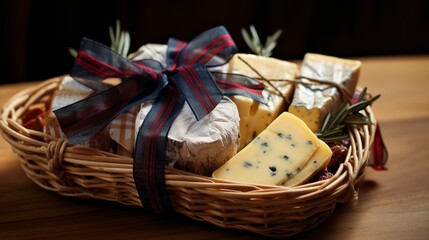 Artisan cheese and bread hamper, close-up, in a wicker basket wrapped in cellophane and tied with a gingham ribbon.