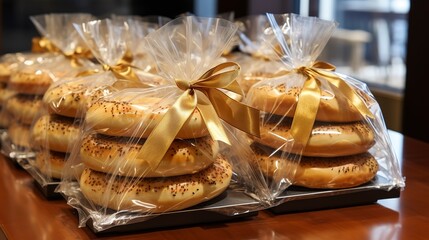 Close-up of a bakerâ€™s dozen bagels in a clear bag, sealed with a gold twist tie and a label indicating the flavors inside. 
