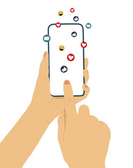 Front view of hand uses smartphone touchscreen with a blank screen and social media interaction icons. technology communication